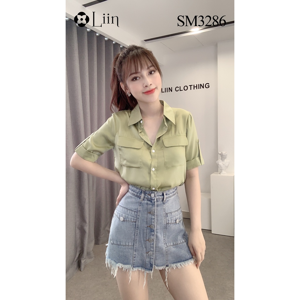 Áo sơ mi nữ màu Xanh form Cộc phối Túi Nắp xinh xắn Liin Clothing SM3286