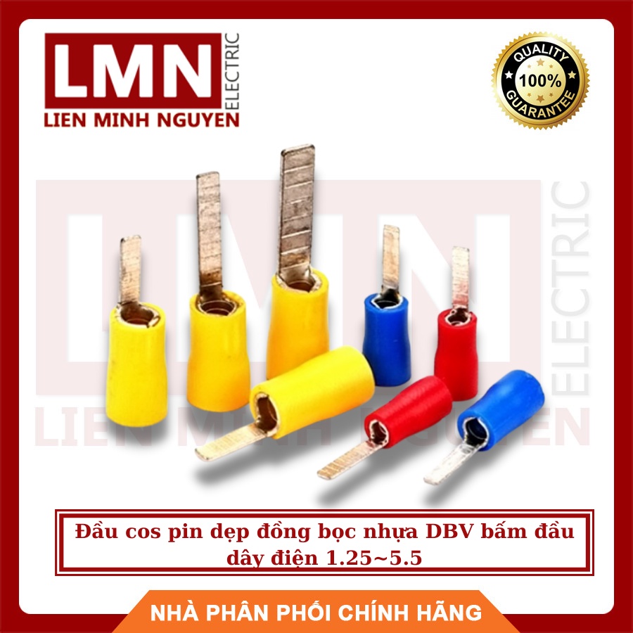 Đầu cos pin dẹp bọc nhựa DBV bấm đầu dây điện 1.25~5.5 phủ nhựa (Bịch=100c)