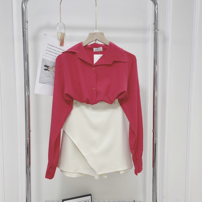 Set Áo Sơ Mi Hồng Mix Chân Váy Chữ A Trắng Dáng Rộng