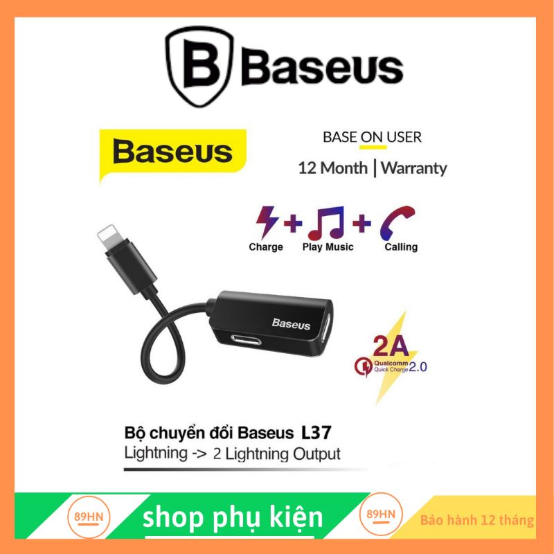 Jack chuyển cho iphone Baseus L37 2 cổng Lightning vừa sạc và nghe hỗ trợ mic nghe gọi đàm thoại