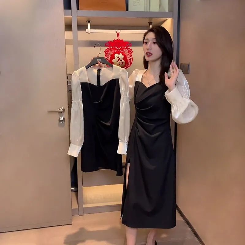 Đầm tay phồng cổ vuông ôm eo size lớn phong cách retro Pháp mới cho nữ