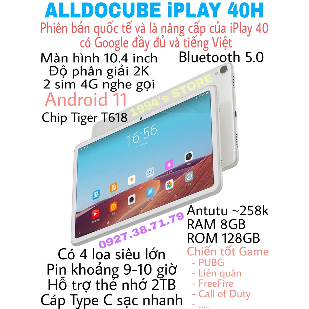 Máy tính bảng Alldocube iPlay 40/40H 10.4inch 2K RAM 8Gb ROM 128Gb 2 sim nghe gọi 4G - Bản Quốc Tế có tiếng Việt Google