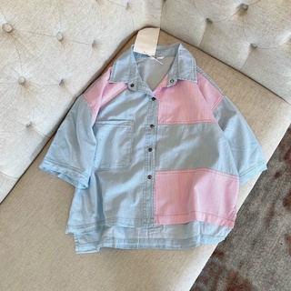 ANU372 - ÁO SƠ MI BÒ DENIM NỮ XANH PHỐI HỒNG