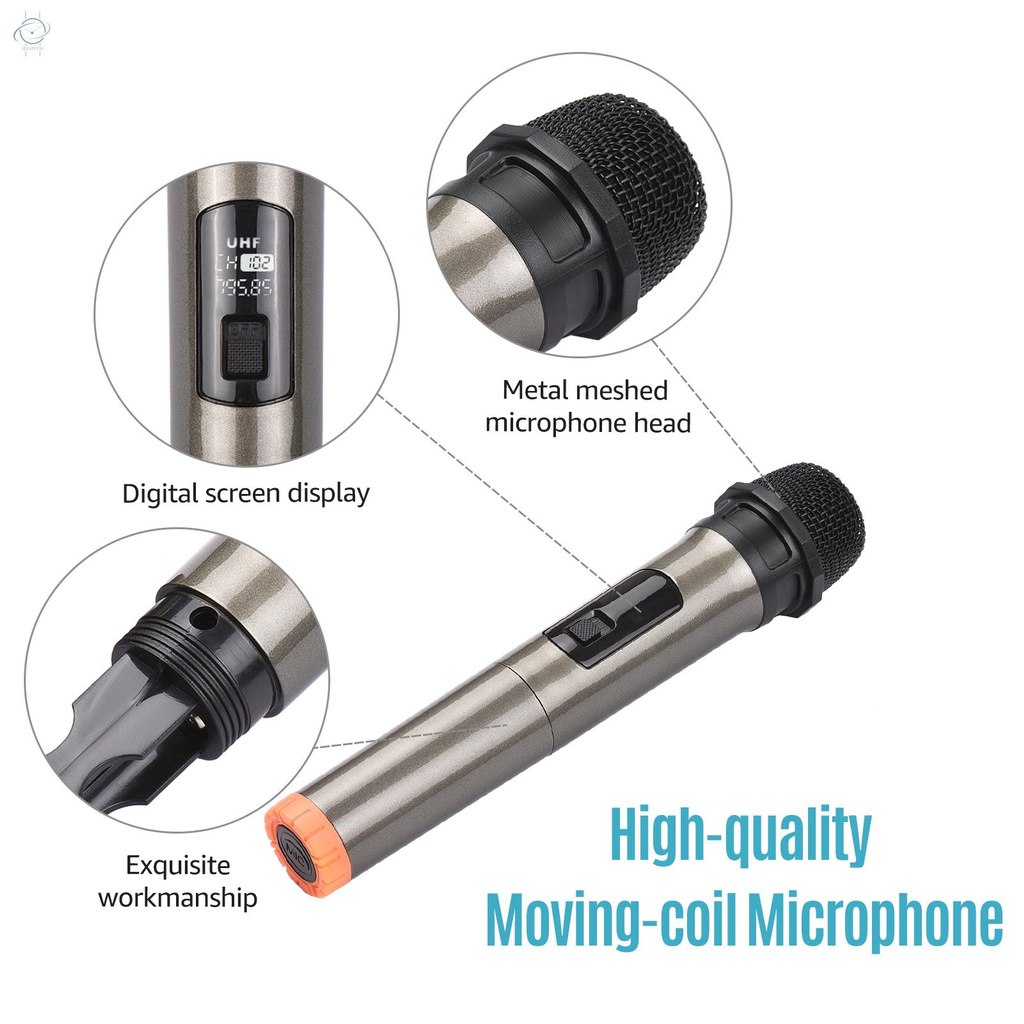 ♫Handheld Wireless Microphone UHF Dynamic Mic with Portable Mini Receiver 6.35mm Plug Compatible with Speaker Karaoke System Home Theater System Amplifier Sound Card Mixer for Karaoke Speech Meeting Stage Performance