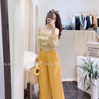 Set áo hoa nhí trễ vai mix quần ống rộng cực xjh kèm ảnh thật