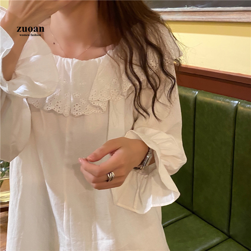 SUXI Áo Kiểu Nữ Tay Dài Phối Bèo Phong Cách Hàn Quốc