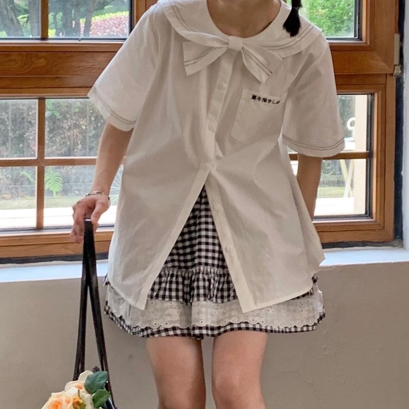 Áo Sơ Mi Trắng Tay Ngắn Cổ Thắt Nơ Dễ Thương Phong Cách Nhật Bản Thời Trang Cho Nữ
