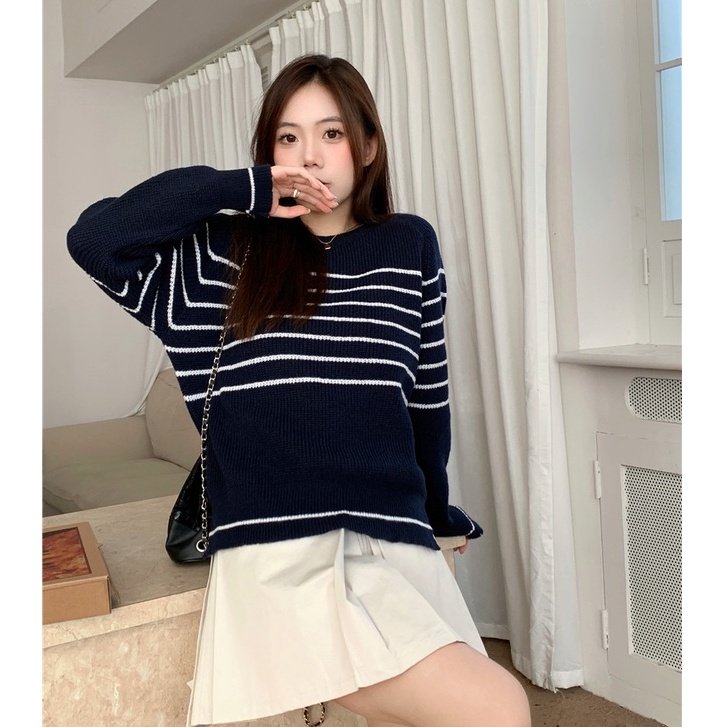 Porozi  Áo Sweater Dệt Kim Tay Dài Cổ Tròn Kẻ Sọc Kiểu Hàn Quốc Xinh Xắn Cho Nữ