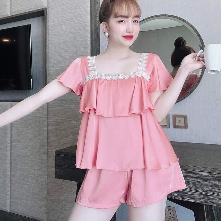 Đồ Bộ Mặc Nhà Nữ quần đùi vải Lụa Satin Phối Ren Freesize dưới 58kg * Đồ ngủ sexy