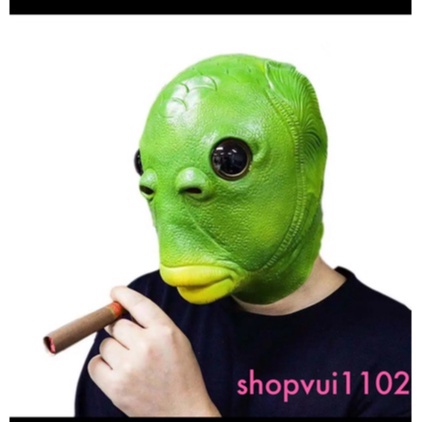 Mặt nạ trùm đầu hóa trang quái vật đầu cá màu xanh lá phù hợp cho Halloween