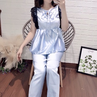 Pizama tay cộc quần dài phi lụa sát nách phối ren tiểu thư