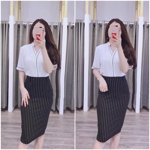 Bán Sỉ Chân váy bút chì cạp liền kẻ sọc CVCC