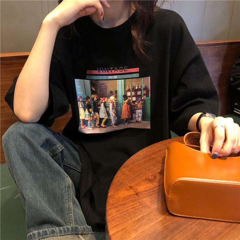 100% cotton Áo thun phong cách Ulzzang Hàn Quốc mẫu 2023 mới trẻ trung thời trang