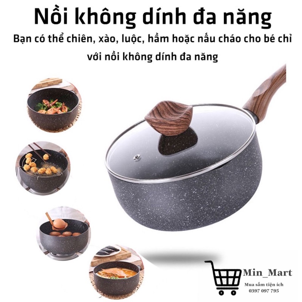 Nồi Vân Đá Đáy Từ Chống Dính, Nồi Quánh Đáy 3 Lớp Size 16-18cm Hợp Kim Nhôm, Nắp Kính Cường Lực Tay Cầm Chống Bỏng