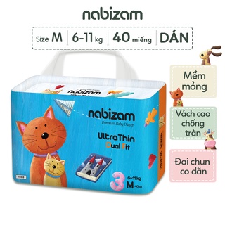 Combo 4 bịch tã/bỉm dán nabizam ultrathin nội địa hàn cao cấp, mỏng và thấm hút tối ưu size m cho bé 6-11kg 40 miếng
