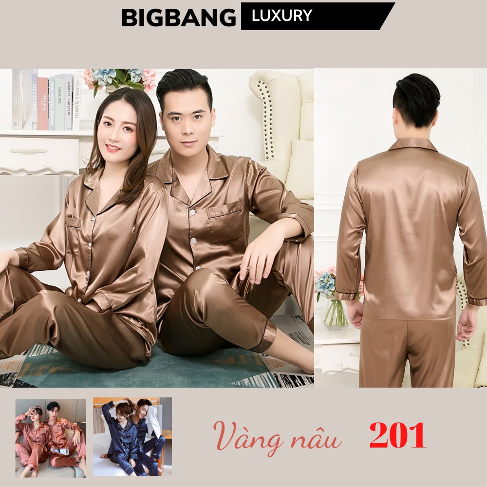 Đồ Ngủ Pijama Trơn Dài Tay Bigbang Luxury Mã 201 Đồ Mặc Nhà Nam Nữ Chất Vải Lụa Bóng