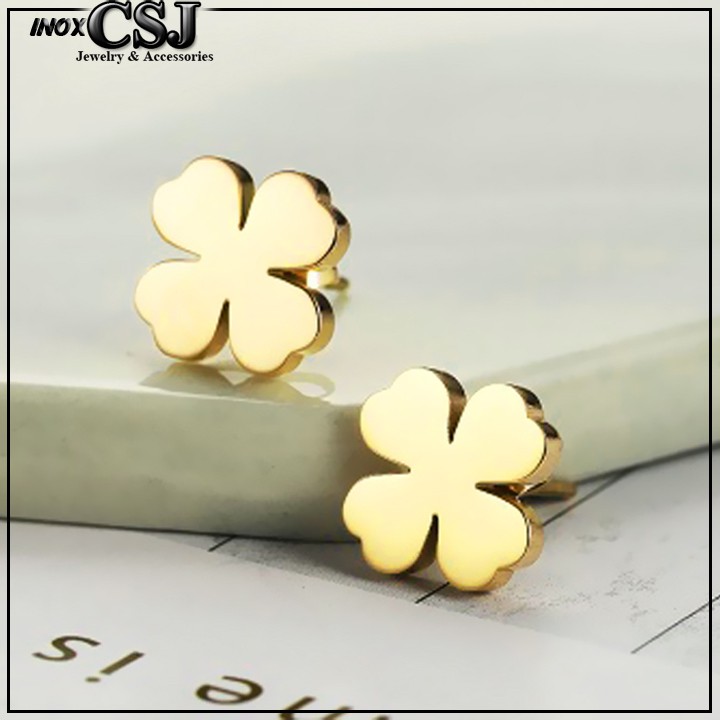 Bông tai titan cỏ 4 lá màu vàng siêu đẹp, bền màu, hợp thời trang - Tặng hộp đựng xinh xắn