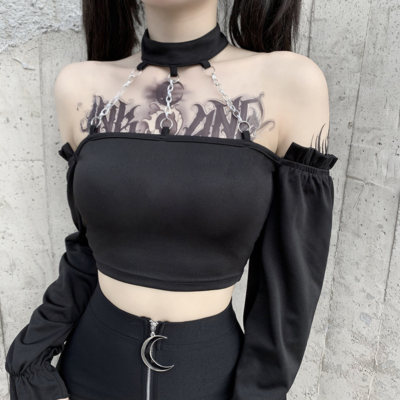 Áo Croptop Tay Dài Trễ Vai Phối Choker Thiết Kế Hợp Thời Trang