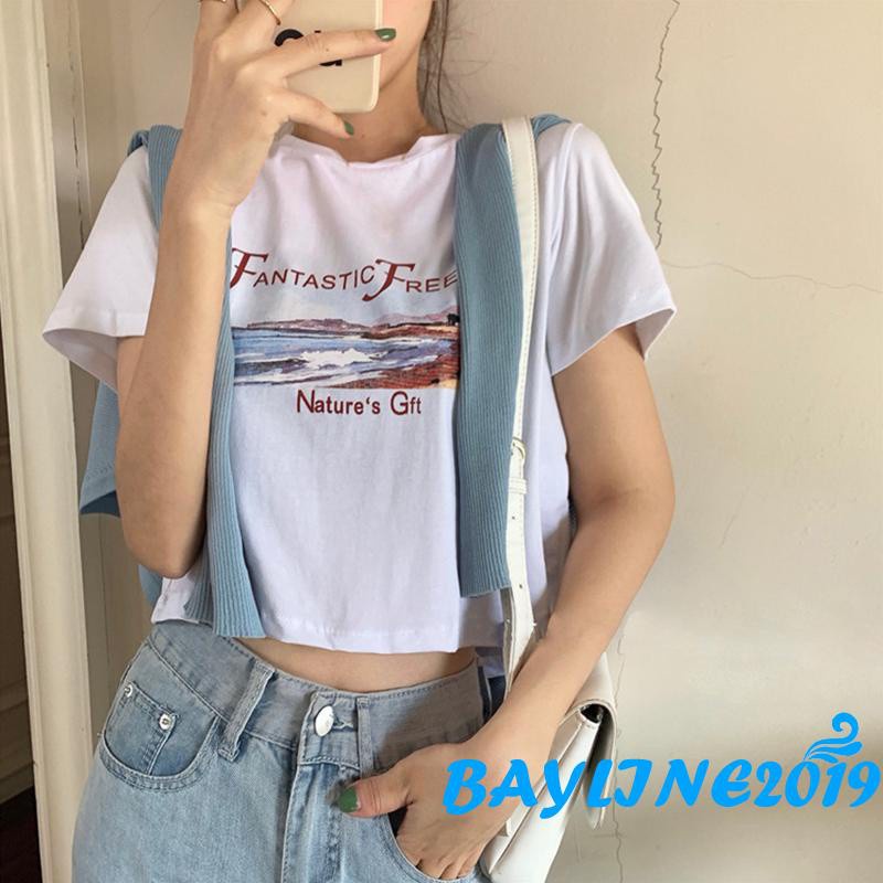 Áo Thun Croptop Tay Ngắn Cổ Tròn In Chữ Thời Trang Mùa Hè Cho Nữ