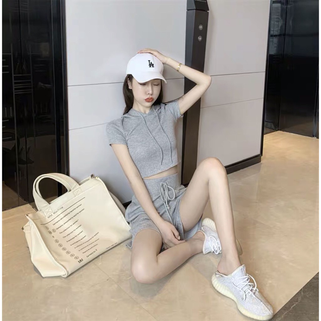 SET ÁO HOODIE CROPTOP MIX QUẦN ĐÙI TÍM ĐEN XÁM ULZZANG - BỘ THỂ THAO HOT