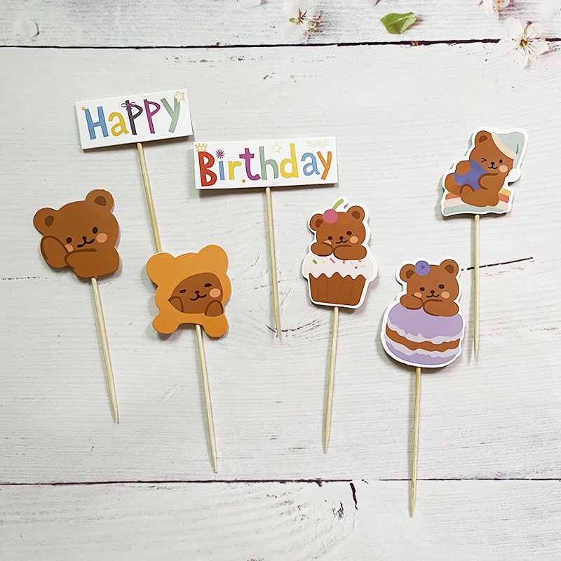 Set 7 Que Cắm Trang Trí Bánh Kem Hình Gấu Hoạt Hình Dễ Thương