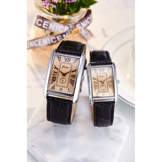 Đồng hồ đôi thời trang dây da, mặt chữ nhật Yuhao doiYu009