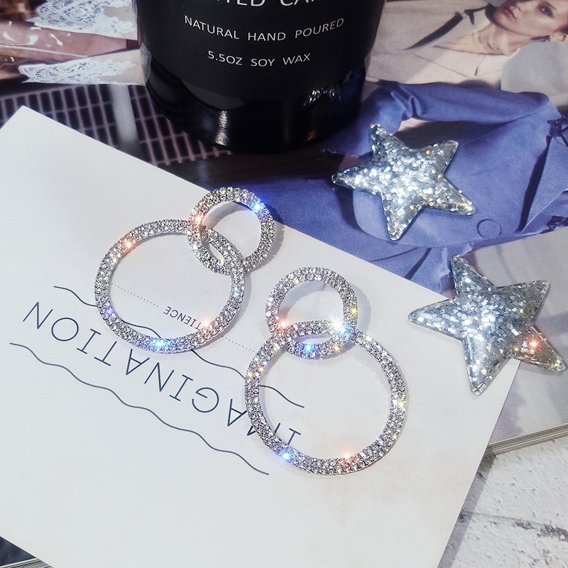 bông tai hình tròn đính đá 2 vòng sang chảnh, khuyên tai s925 chui bạc phong cách hàn quốc