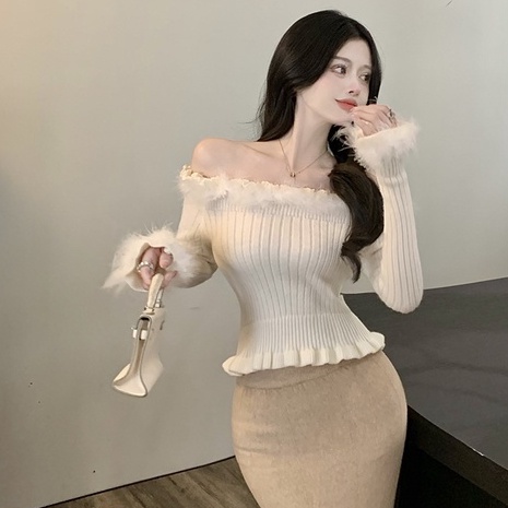 Áo Sweater Dệt Kim Tay Dài Dáng Ôm Co Giãn Phối Lông Vũ Phong Cách Hàn Quốc Thời Trang Quyến Rũ Cho Nữ