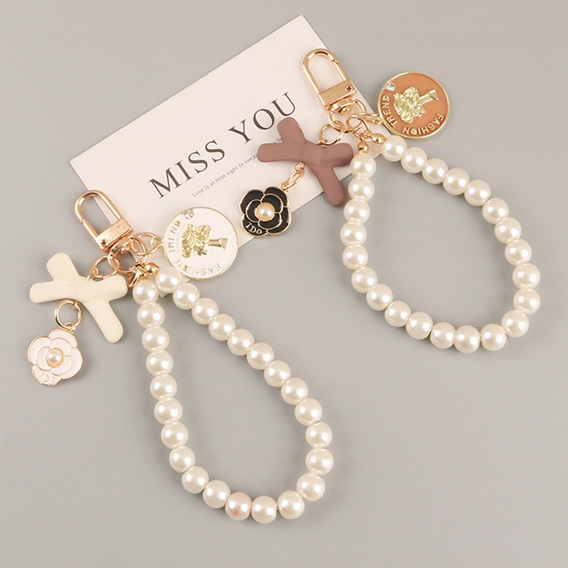 Móc khóa trang trí túi xách/điện thoại hình bông hoa và nơ phối chuỗi hạt ngọc trai nhân tạo tinh tế