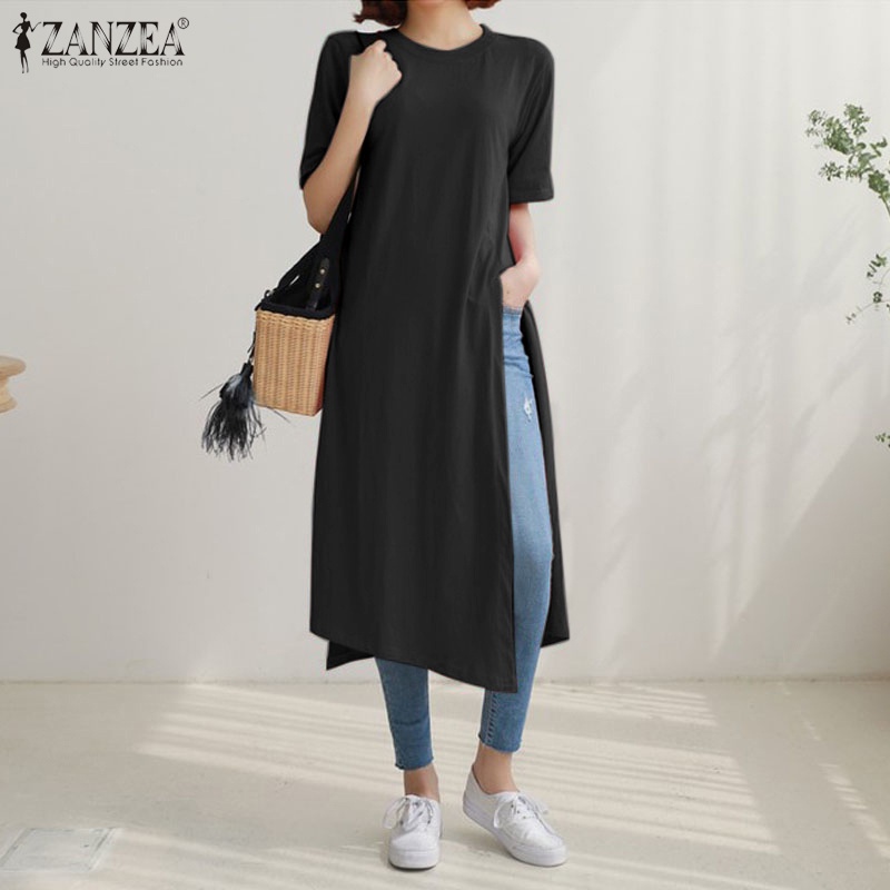 ZANZEA Áo Thun Nữ Tay Ngắn Cổ Tròn Xẻ Tà Thời Trang