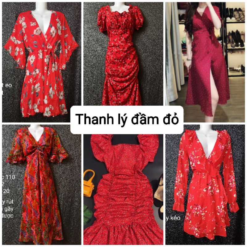 Nhiều mẫu thanh lý pass váy đầm đỏ đi chơi tiệc cổ vuông nhún hoa nhí chấm bi đắp chéo tay loe phồng rớt vai cánh tiên
