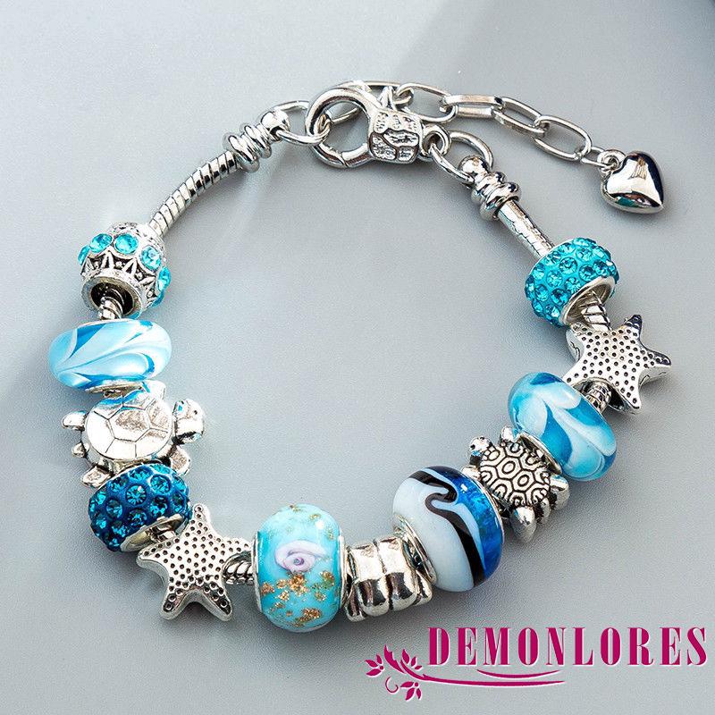 Vòng tay mạ bạc mặt trái tim đính đá pha lê màu xanh dương thời trang