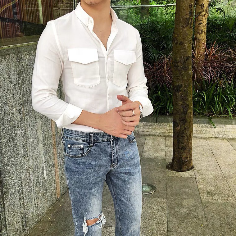 Áo sơ mi nam đũi 1HAND phối túi ngực chất liệu vải lạnh cao cấp - mã SMDD2T