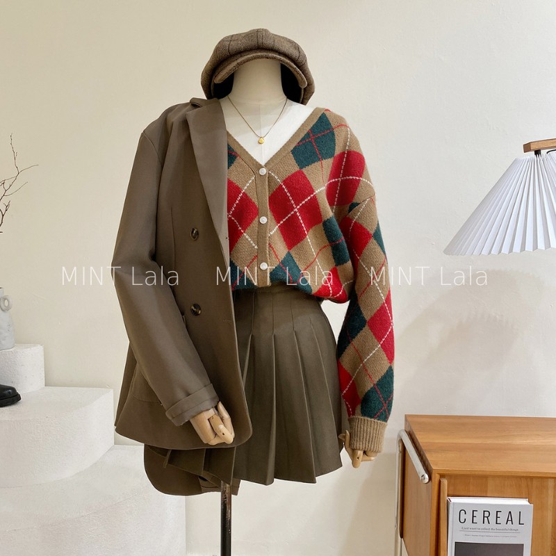 Áo Khoác Len Họa Tiết Quả Trám Cardigan Cho Nữ Dài Tay