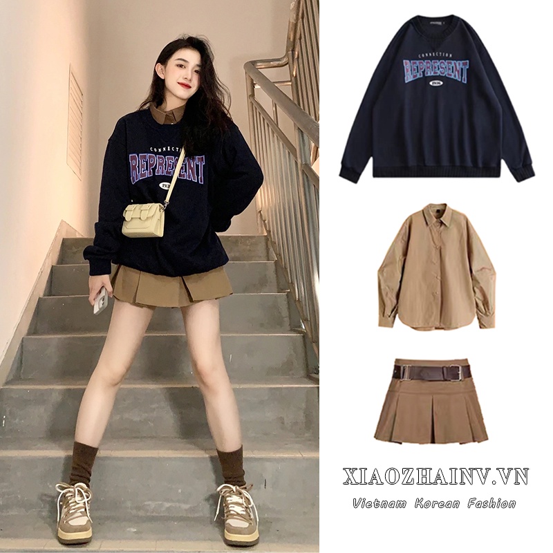 Xiaozhainv Áo sơ mi/ Áo sweater cổ tròn/ Chân váy xếp ly lưng cao thời trang xinh xắn cho nữ