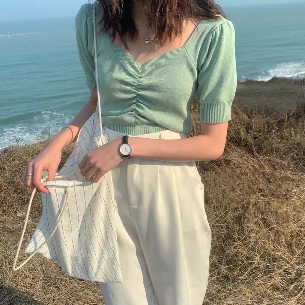 Áo Sweater Tay Ngắn Phồng Cổ Chữ V Phong Cách Hàn Quốc Thời Trang Mùa Hè Mới 2022 Dành Cho Bạn Nữ