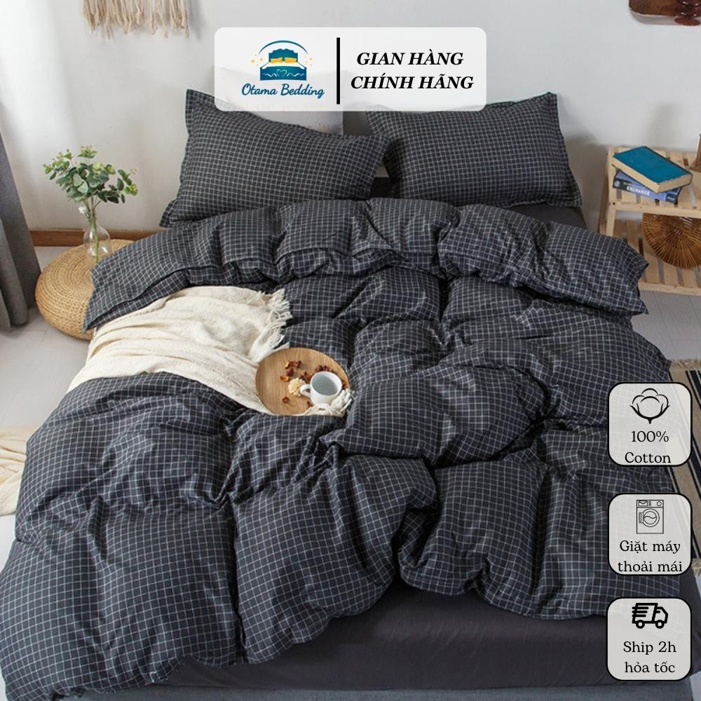 Bộ chăn ga gối họa tiết caro đen nhỏ cotton poly mềm mại thoáng mát Otama Bedding drap bo chun đủ size 1m6 1m8 2m