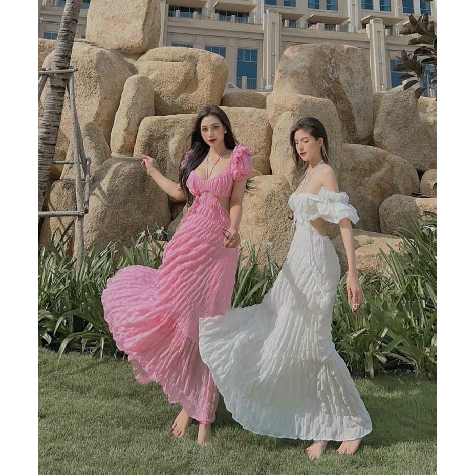 [HCM] Đầm Maxi Chạy Mocking (Mặc 2 Kiểu) Hở Eo Thời Trang Nữ Sam Closet Free Size 40-55kg