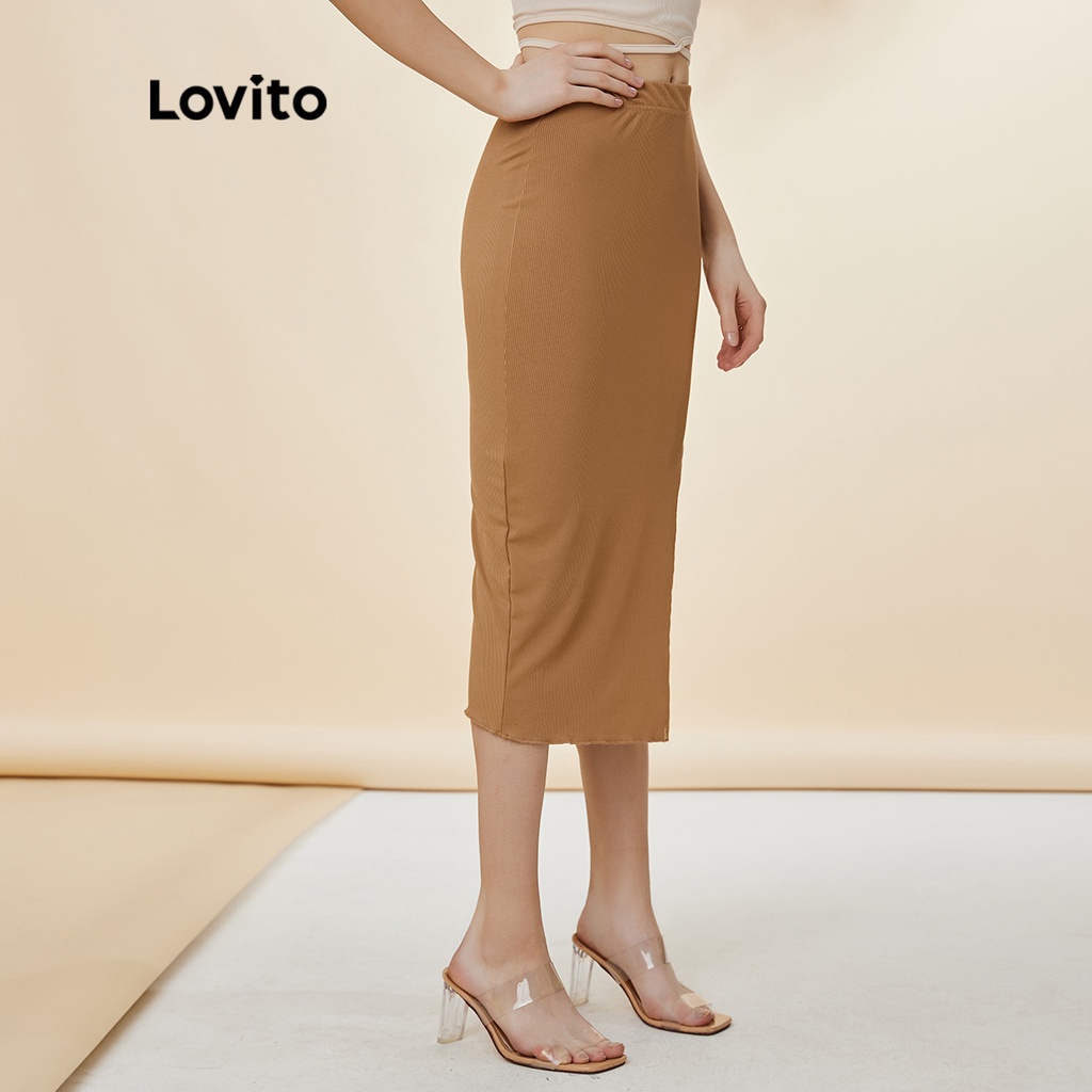 106DP-Váy Lovito dệt kim sọc gân lưng thun xẻ tà màu trơn mặc thường ngày L19D439 (Màu kaki)