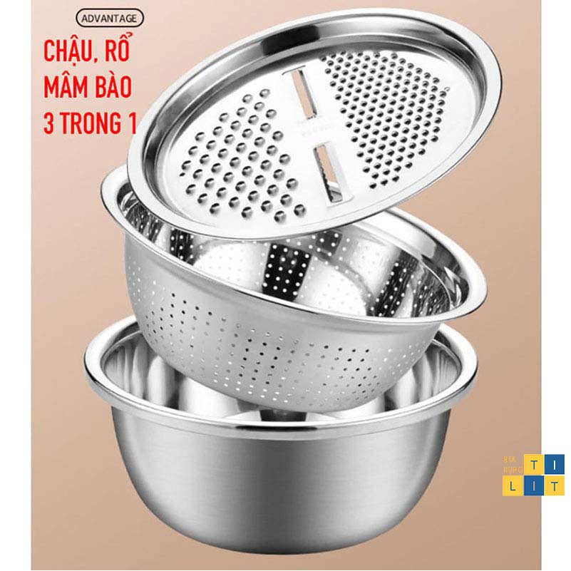 Bộ rổ và chậu inox kèm mâm nạo và gọt vỏ rau, củ, quả 3 trong 1 đa năng, tiện dụng, tiết kiệm [RỔ 3]