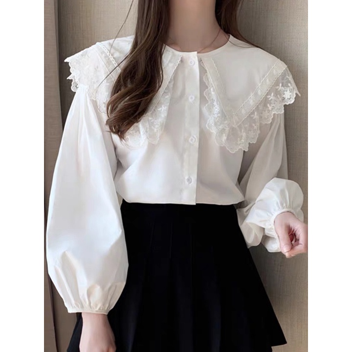 áo babydoll trắng tiểu thư cổ bèo viền ren ullzang hàng QC A288