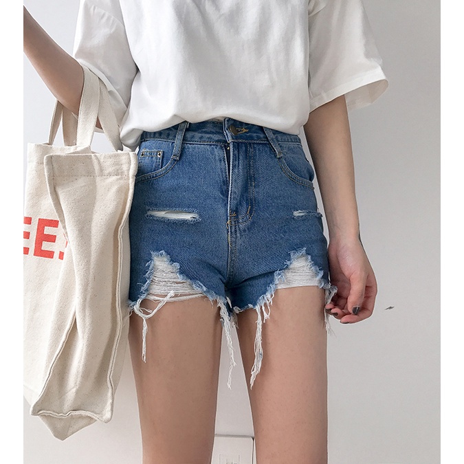 CHỌN MẪU - Quần short jean nữ lưng cao phối rách denim cotton, rin ngắn phối rách - Secondhand - Mẫu 1