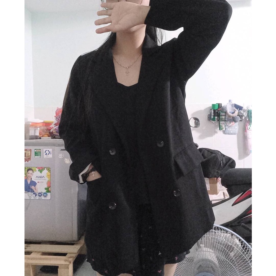 Áo khoác blazer nữ dài tay 1 lớp mặc hè dầy dặn, Áo thiết kế cổ vest form rộng 2 cúc ngang Style Hàn Quốc