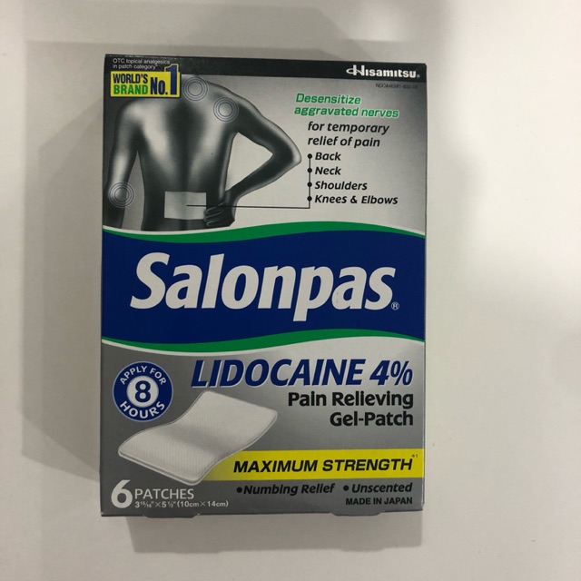 Miếng dán giảm đau Salonpas® Lidocaine 4% Pain Relieving Gel-Patch, 6 miếng