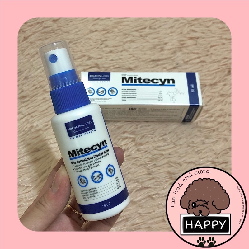 Dung dịch xịt ve rận, ghẻ viêm nấm da cho chó mèo Mitecyn Alkin 50ml [Ảnh thật] [Có sẵn] - Tạp Hóa Thú Cưng Happy