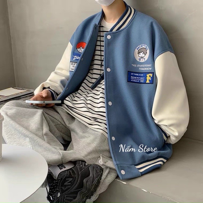 Áo khoác bomber in hình phối tay trắng unisex form rộng style ulzzang - Áo khoác bóng chày màu đen, nâu, xanh
