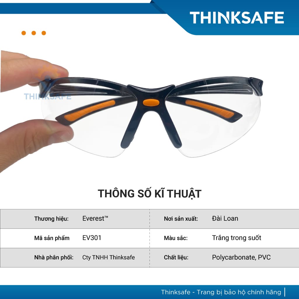 Kính bảo hộ chống bụi Everest EV301 chống bụi, chống tia UV chắn bụi đi đường, mắt kính trắng trong suốt - THINKSAFE