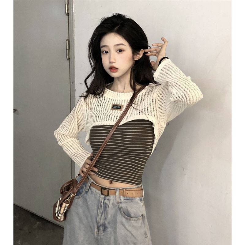 Áo khoác croptop nu Áo Dệt Kim Tay Dài Dáng Ôm Họa Tiết Kẻ Sọc Thời Trang Mùa Hè Xinh Xắn Cho Nữ