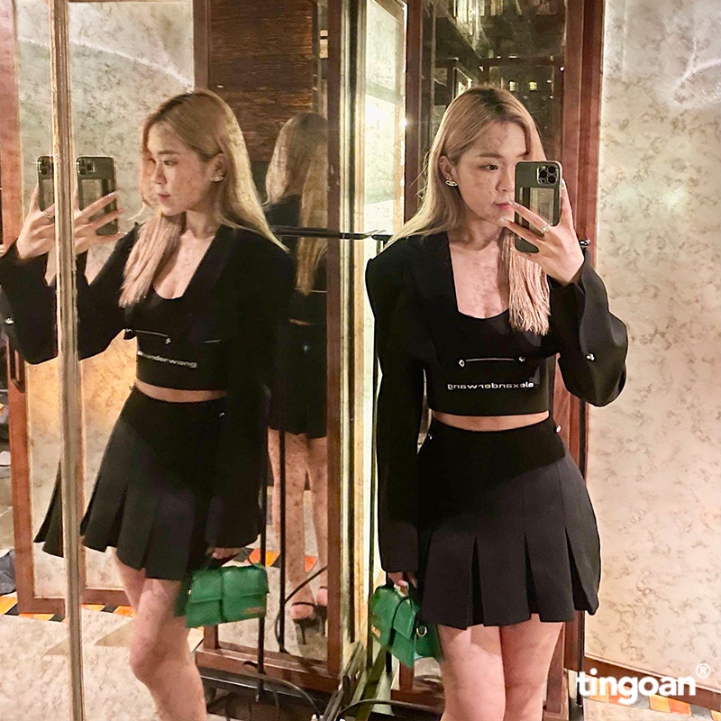 TINGOAN® - Chân váy đen cạp thường vạt xếp ly SAD MOOD SKIRT/BL