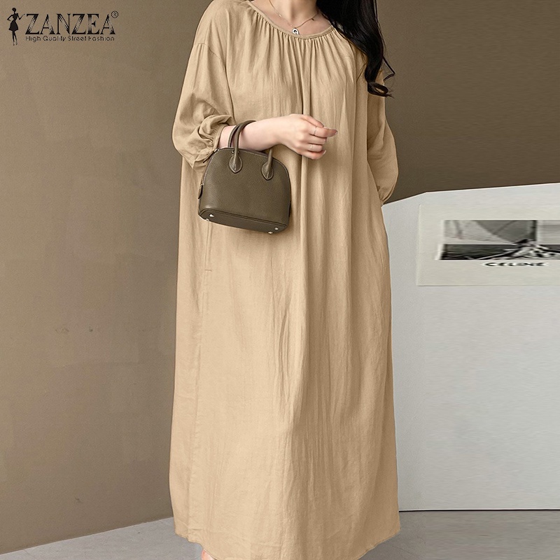 Đầm maxi ZANZEA cotton tay 3/4 cổ tròn thời trang Hàn Quốc cho nữ